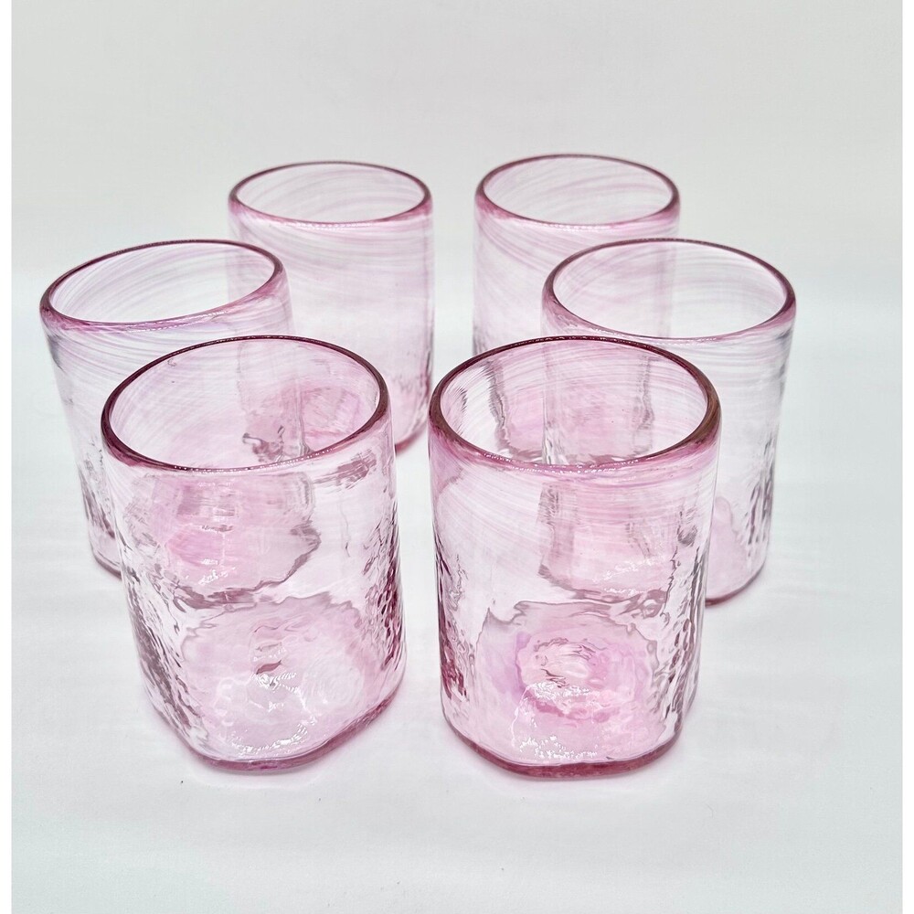 Set of 6 Hand-Blown Pink Tumbler Swirled Glasses Drinkware Barware Glassware